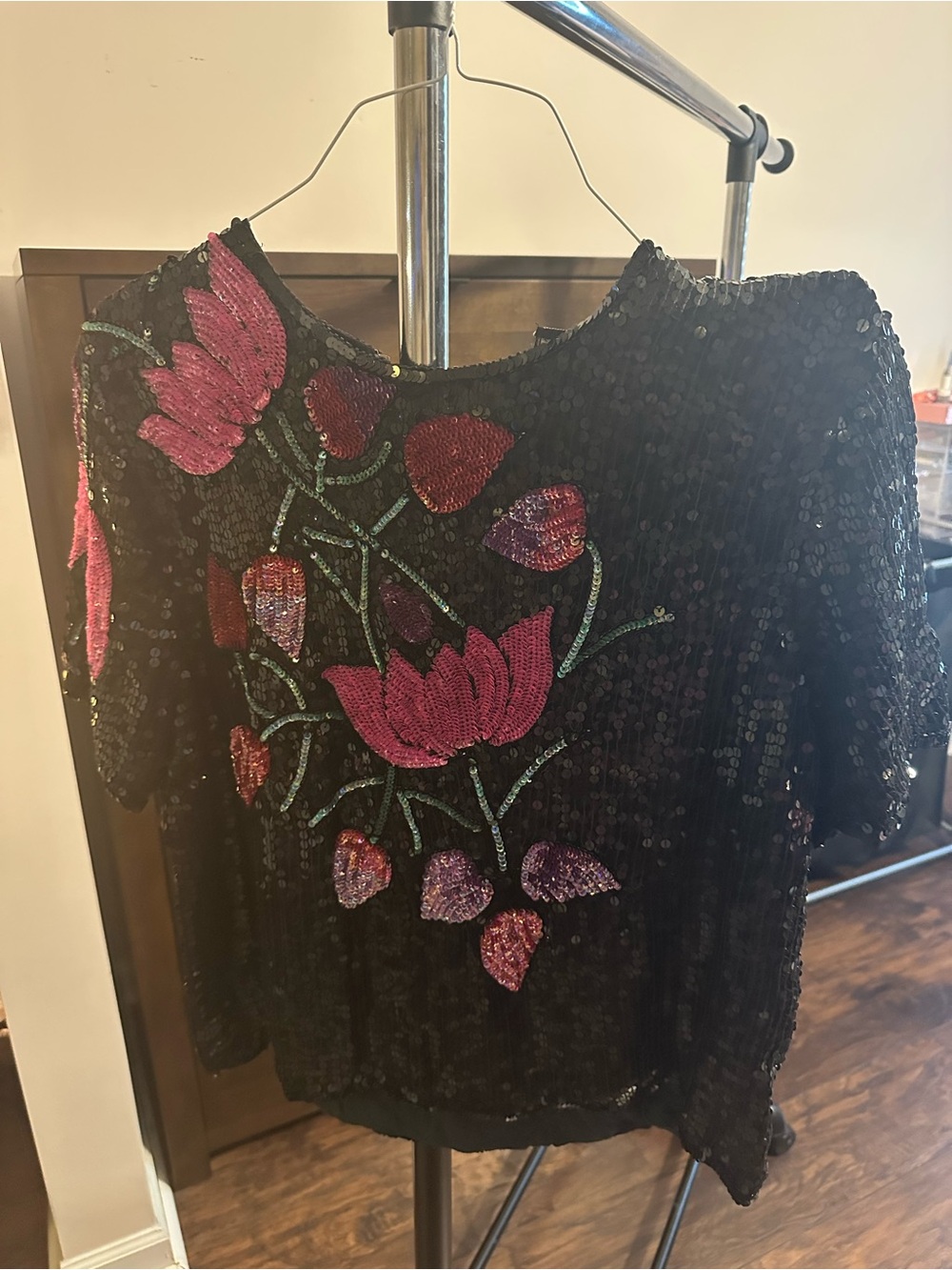Vintage Black Sequin Floral Short Sleeve Top with Pink Detail